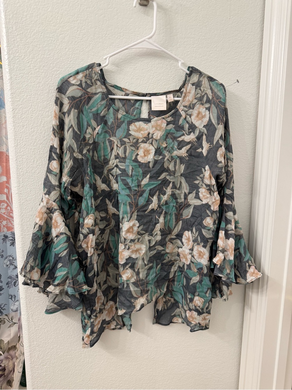 LC Lauren Conrad Floral Ruffle-Sleeve Blouse in Charcoal, Teal, and Cream XL top